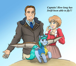 ambiguous_feral ambiguous_gender black_eyes blue_body blue_clothing blue_eyes blue_fur blue_necktie blue_shirt blue_topwear bottomwear brown_hair clothed clothed_feral clothed_human clothing dialogue eyelashes eyewear feathered_wings feathers female female_human feral fully_clothed fur furniture goggles grey_clothing grey_jacket grey_topwear grin group hair hooves jacket light_body light_skin lips looking_at_another looking_at_viewer male male_human necktie pants pink_bottomwear pink_clothing pink_lips pink_skirt red_clothing red_shirt red_topwear shirt skirt smile standing standing_on_table table tail teal_hair teal_tail teeth text topwear trio white_bottomwear white_clothing white_pants wings young young_ambiguous young_feral carpdime fluffy_pony fluffy_pony_(species) human mammal alternate_version_at_source digital_media_(artwork) english_text hi_res story_at_source