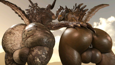 2_horns anthro anus balls big_balls big_butt butt day duo genitals glowing glowing_eyes hand_on_butt horn huge_balls huge_butt low-angle_view male muscular muscular_anthro muscular_male nude outside puffy_anus red_eyes tail yellow_eyes willie_piv fallout microsoft enclaw_(willie_piv) deathclaw scalie 3d_(artwork) digital_media_(artwork) hi_res