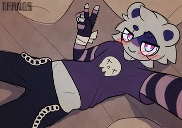 anthro bed blush clothed clothing crotch_lines furniture gesture hand_gesture low-riding lying lying_on_bed male midriff on_bed selfie solo v_sign t.f.a.n.c.s. zain_the_raccoon_(aarlog) mammal procyonid raccoon hi_res