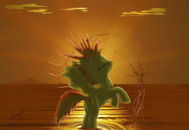 cloud cutie_mark eyes_closed feathered_wings feathers female feral fur hair multicolored_hair outside sky solo sunset tail two_tone_hair water wet wings yellow_body yellow_feathers yellow_fur eighttrack skipsy third-party_edit friendship_is_magic hasbro my_little_pony mythology spitfire_(mlp) wonderbolts_(mlp) equid equine mammal mythological_creature mythological_equine pegasus absurd_res hi_res