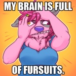 1:1 anthro breasts canid canine chest_tuft colored_nails confusion derp_eyes english_text female fur gradient_background grapeyguts hair heterochromia image_macro impact_(font) mammal mcarson_(character) meme nails pink_body pink_fur pink_hair red_eyes simple_background solo teeth text tuft yellow_eyes
