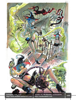 5_fingers ambiguous_feral ambiguous_gender bent_legs black_body black_bottomwear black_clothing black_crop_top black_footwear black_fur black_hat black_headwear black_high_heels black_purse black_shirt black_skirt black_tail black_topwear black_underwear blue_eyes blue_hair bone bottomwear breasts chandelier cleavage clothed clothed_female clothed_human clothed_humanoid clothing convenient_censorship crop_top doll dresser empty_eyes eyelashes eyewear eyewear_on_head featureless_limbs female female_human female_humanoid feral fingers footwear fully_clothed fully_clothed_female fully_clothed_human fully_clothed_humanoid fur furniture goggles goggles_on_head green_body green_clothing green_hat green_headwear group hair hat headgear headwear high_heels holding_chain holding_object inside larger_female larger_human light magic_user membrane_(anatomy) midair midriff noseless open_mouth orb purse purse_over_shoulder railing red_sclera sharp_teeth shirt shoes sitting size_difference skirt skull sliding smaller_ambiguous smaller_feral smaller_humanoid snarling stairs tail tan_body tan_skin teeth text text_box topwear underwear walking wall_(structure) webbed_hands wet wet_body window witch witch_hat x_eyes axelmedellin inktober shapeshifter_(axelmedellin) voodoo_doll_(axelmedellin) witch_(axelmedellin) animate_inanimate ghost haplorhine human humanoid living_doll mammal monkey primate reptile scalie snake spirit 2025 artist_name colored dated english_description lighting multiple_scenes painting_(artwork) pen_(artwork) shaded signature traditional_media_(artwork) url