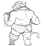 anthro barefoot beard bodily_fluids briefs clothed clothing facial_hair feet horn male muscular muscular_anthro muscular_male mustache pattern_clothing prosthetic-leg rear_view simple_background solo striped_clothing stripes sweat topless towel underwear white_background thegreatmatsutzu lifewonders tokyo_afterschool_summoners ahab_(tas) bovid bovine cape_buffalo mammal black_and_white monochrome sketch