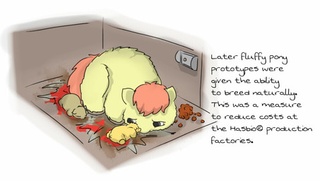 ambiguous_feral ambiguous_gender black_eyes blood bodily_fluids dirty eyes_closed feces feral fur green_body green_fur group hair kibble looking_at_another lying monotone_body monotone_fur neonate on_front pet_food pink_hair pink_tail tail text trio yellow_body yellow_fur young young_ambiguous young_feral carpdime fluffy_pony fluffy_pony_(species) mammal digital_media_(artwork) english_text shaded