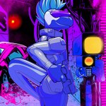 1:1 anthro blue_hair bogexplosion clothing covered_eyes detailed_background dinosaur dromaeosaurid extinct futuristic gun hair hi_res holding_object holding_weapon male prehistoric_species ranged_weapon raptor_(raptorboii) reptile scalie solo theropod tight_clothing velociraptor weapon