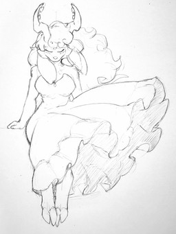 anthro antlers bottomwear breasts cheek_spots cheek_tuft clothing cloven_hooves curly_hair dress eyes_closed facial_tuft female floppy_ears flowing_hair frilly frilly_bottomwear frilly_clothing frilly_skirt hair hooves horn long_ears long_hair sitting skirt solo tuft wind akamaruburningred aqua'fina bovid caprine chimera deer hybrid mammal sheep 3:4 absurd_res hi_res monochrome traditional_media_(artwork)