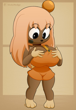 anthro big_breasts black_eyebrows black_eyes breasts brown_body brown_fur brown_nose cleavage clothed clothing eyebrow_through_hair eyebrows eyelashes female fur hair loli long_hair oppai_loli overalls pupils scut_tail short_tail solo tail tan_hair tan_tail translucent translucent_hair young slickehedge ankama dofus lilotte canid canine canis domestic_dog mammal absurd_res hi_res