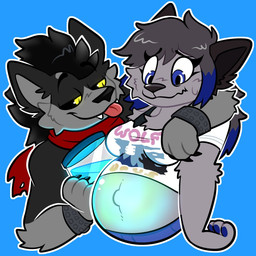 anthro belly belly_inflation black_body black_clothing black_ears black_fur black_hair black_nose black_sclera black_shirt black_tank_top black_topwear blep blue_background blue_eyes blue_hair_tips blue_pawpads bracelet chug_jug chug_jug_expansion clothed clothing crop_top duo female fur grey_body grey_fur grey_hair hair inflation jewelry liquid_inflation looking_at_belly looking_at_self looking_down looking_down_at_belly looking_down_at_self male male/female navel outie_navel outline pawpads raised_clothing raised_shirt raised_topwear shirt simple_background studded_bracelet studded_jewelry studs tank_top text text_on_clothing text_on_shirt text_on_topwear tongue tongue_out topwear white_clothing white_crop_top white_outline white_topwear yellow_eyes kudrowuff epic_games fortnite fortnite:_battle_royale wolfie_(fortnite) canid canine canis mammal wolf 1:1 2026 digital_drawing_(artwork) digital_media_(artwork) english_description english_text