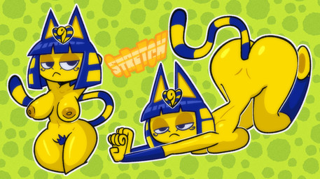 anthro areola ass_up big_butt blue_body blue_eyes blue_fur blue_hair blue_pubes brown_areola brown_nipples butt cat_stretch eyelashes female front_view fur green_background hair looking_at_viewer markings navel nipples nude pattern_background pubes short_hair simple_background small_waist solo stretching striped_markings striped_tail stripes tail tail_markings text thick_thighs uraeus wide_hips yellow_body yellow_fur pulpdirector animal_crossing nintendo ankha_(animal_crossing) domestic_cat felid feline felis mammal hi_res