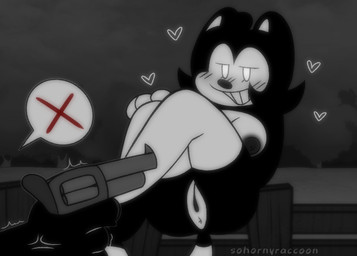 ambiguous_gender anus black_body black_hair blush blush_lines breasts clothed clothing clothing_lift cross-popping_vein empty_eyes exposed_breasts female female_focus fence footwear genitals gesture gun hair half_naked hand_gesture handgun heart_symbol hearts_around_head holding_gun holding_handgun holding_object holding_ranged_weapon holding_revolver holding_weapon markings mostly_offscreen_character no_underwear outside pointing presenting pupils ranged_weapon revolver screencap screencap_background shaking shirt shirt_lift shoes smile smirk socks tail teeth topwear trembling vein vulva weapon white_markings white_pupils sohornyraccoon disney friday_night_funkin' wednesday's_infidelity_(fnf_mod) euthanasia_rabbit.mov_(fnf_mod) oswald_the_lucky_rabbit sunny_(oswald's_fangirl) humanoid mammal procyonid raccoon black_and_white monochrome watermark