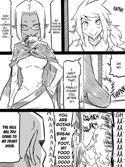 dialogue duo eyewear female glasses humor male not_furry text jin_(mugenjin) elfxorc elf humanoid orc 3:4 comic english_text monochrome