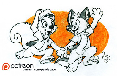 anthro bottomless cheek_tuft clothed clothing duo facial_tuft featureless_crotch hat head_tuft headgear headwear logo male open_clothing open_mouth open_smile open_topwear patreon_logo simple_background smile teeth topwear tuft young young_anthro young_male pandapaco patreon canid canine fox mammal rodent sciurid tree_squirrel 2017 artist_logo partially_colored signature