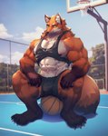 4_toes 5_fingers abs anthro ball barefoot basketball basketball_(ball) basketball_court basketball_uniform biceps big_muscles biped black_claws black_nipples bodily_fluids bottomwear brown_body brown_ears brown_fur brown_tail brown_tail_tip bulge cheek_tuft claws clothed clothing cloud countershade_face countershade_fur countershade_torso countershading day detailed_background dipstick_tail dripping facial_tuft feet finger_claws fingers front_view fur genital_fluids gloves_(marking) green_eyes grey_bottomwear grey_clothing grey_shirt grey_shorts grey_tank_top grey_topwear humanoid_hands inner_ear_fluff leg_markings looking_at_viewer male male_anthro markings midriff multicolored_body multicolored_fur multicolored_tail muscular muscular_male navel nipples orange_body orange_fur orange_tail outside pecs pink_inner_ear plant precum precum_drip precum_through_clothing quads shirt shorts sitting sitting_on_ball sky snout socks_(marking) solo sportswear tail tail_markings tank_top toe_claws toes topwear tree tuft two_tone_tail uniform wet wet_clothing whiskers white_body white_countershading white_fur white_inner_ear_fluff ronci canid canine fox mammal 2023 colored digital_media_(artwork) full-length_portrait hi_res portrait shaded