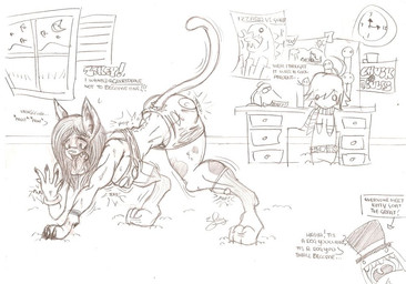 all_fours ambiguous_gender bottomwear chibi clock clothed clothing female fur furgonomics group hat headgear headwear inside open_mouth scarf skirt tail tail_through_skirt text tongue tongue_out top_hat torn_clothing transformation window gnarlton66 felid human mammal 2008 english_text