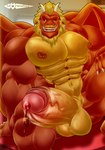 anthro backsack balls beard beverage big_pecs blonde_hair bodily_fluids bottomless clothed clothing facial_hair genital_fluids genitals hair horn humanoid_genitalia humanoid_penis male muscular muscular_anthro muscular_male nipples non-mammal_balls orange_body pecs penis precum solo wings morinetsu mythology dax_(dcr99) dragon mythological_creature mythological_scalie scalie hi_res