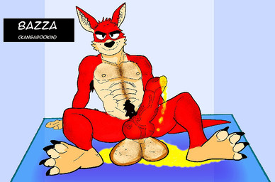 anthro armpit_hair balls bazza_(anthroterra) big_balls big_penis bodily_fluids body_hair chest_hair feet genital_fluids genitals huge_penis inaccurate_penis knot knotted_penis male paws peeing penis piss_pool pubes solo spread_legs spreading text urine watersports rumortheseagull anthroterra kangaroo macropod mammal marsupial english_text