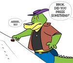 4_fingers anthro biped bottomwear clothing dialogue fingers green_body hat headgear headwear humanoid_hands pants shirt solo speech_bubble text topwear sobieniak brok_the_investigator cowcat_games brok_(brok_the_investigator) alligator alligatorid crocodilian reptile scalie 2021 absurd_res english_text hi_res