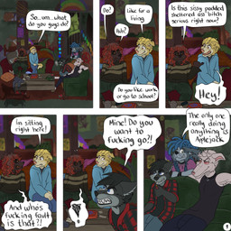 6_panel_comic anarchy_symbol angry anthro beverage_bottle black_body black_hair black_sclera blonde_hair blue_eyes blue_hair bong bottle bottomwear brown_eyes can cigarette clenched_teeth clothed clothing collar container crossed_arms dialogue drugs exclamation_point eye_contact facial_piercing flannel_shirt furniture glass green_eyes grey_body group hair hands_on_lap hoodie inside lighting_cigarette logo long_ears long_snout looking_at_another male nose_piercing offended on_sofa page_number pants piercing profanity red_eyes red_hair rude shirt sitting sitting_on_sofa smile smoking smoking_cigarette snout sofa speech_bubble spiked_collar spikes spread_legs spreading sweater tank_top teeth text topwear white_body white_hair yellow_body yellow_eyes kriek_wildebeest jack_(kriek_wildebeest) jeremy_(kriek_wildebeest) parker_(kriek_wildebeest) ravi_(kriek_wildebeest) tom_(kriek_wildebeest) bird_dog border_collie borzoi canid canine canis cavalier_king_charles_spaniel collie domestic_dog herding_dog hunting_dog husky hybrid mammal nordic_sled_dog pastoral_dog portuguese_water_dog sheepdog sighthound spaniel spitz toy_dog wolf 1:1 artist_logo comic digital_drawing_(artwork) digital_media_(artwork) english_text hi_res multiple_scenes nonbinary_(lore)
