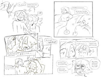 aroused blush blushing_profusely breasts checking cleavage clothed clothing dialogue female finger_in_mouth free_use horn humanoid_on_humanoid male overwhelmed requesting sex_request speech_bubble text hoofcoochie bovid caprine humanoid mammal satyr sheep 2025 comic english_text hi_res monochrome sketch