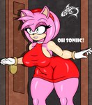 absurd_res amy_rose anthro big_breasts breasts clothed clothing dress eulipotyphlan eyelashes female green_eyes hair hedgehog hi_res mammal pink_body pink_hair red_clothing red_dress renegade-157 sega side_boob sideless_clothing sonic_the_hedgehog_(series) thick_thighs