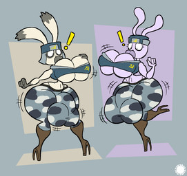 4_fingers anthro big_breasts big_bulge boots bottomwear breast_expansion breasts bulge bulge_expansion camo camo_bottomwear camo_clothing camo_pants camo_print clothing communism countershade_ears countershade_hands countershading crop_top crossbar_emanata curvy_figure detailed_bulge duo emanata exclamation_point expansion eyelashes femboy fingers footwear fur geometric_background gynomorph hammer_and_sickle hand_on_own_breast hat headgear headwear high_heeled_boots high_heels hip_expansion huge_breasts huge_bulge hyper hyper_bulge hyper_lips intersex knee_boots knee_highs legwear lip_expansion lips logo midriff navel pants pattern_bottomwear pattern_clothing pattern_pants politics purple_body purple_fur shirt shoes simple_background small_waist spherical_breasts text thick_lips thick_thighs thigh_expansion thong_straps topwear ushanka wasp_waist white_body white_fur wide_hips thatdawgmurray usavich boris_(usavich) kopchev_(usavich) lagomorph leporid mammal rabbit aliasing artist_logo artist_name digital_media_(artwork) hi_res signature