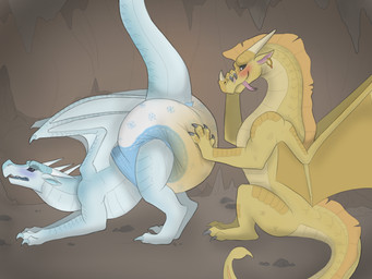 abdl bodily_fluids cave clothed clothing diaper duo embarrassed feral genital_fluids male male/male presenting_diaper touching_diaper unclean_diaper urine used_diaper using_diaper watersports wearing_diaper wet_diaper scripin mythology wings_of_fire qibli_(wof) winter_(wof) dragon icewing_(wof) mythological_creature mythological_scalie sandwing_(wof) scalie 4:3 absurd_res hi_res
