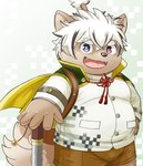 anthro belly bottomwear brown_body brown_fur clothing fur hair heterochromia katana male melee_weapon shorts slightly_chubby smile solo sword weapon white_hair young young_anthro hiroki33728 lifewonders tokyo_afterschool_summoners masashi_(tas) canid canine canis domestic_dog mammal hi_res