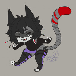 anthro black_hair chibi eyes_closed facial_markings female grey_background grey_body hair head_markings machine markings mask_(marking) open_mouth simple_background smile solo tail whiskers tpknnts jason_markova domestic_cat felid feline felis mammal robot 1:1 2024 hi_res