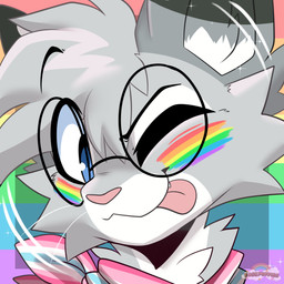 anthro blep blue_eyes bodypaint clothed clothing dipstick_ears ear_markings eyewear face_paint femboy_pride_colors fur glasses grey_body hair kerchief lgbt_pride looking_at_viewer male markings multicolored_ears neckerchief neckwear one_eye_closed pink_nose pride_color_accessory pride_color_background pride_color_clothing pride_colors rainbow rainbow_pride_colors round_glasses simple_background six-stripe_rainbow_pride_colors smile solo teeth tongue tongue_out tuft wink winking_at_viewer rose_puppies lgbt_pride_month nixuelle domestic_cat egyptian_mau felid feline felis mammal 1:1 absurd_res digital_media_(artwork) hi_res
