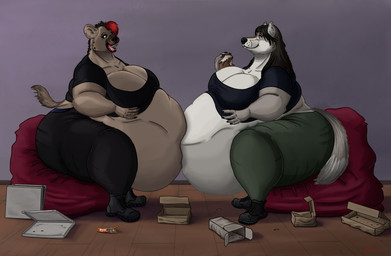 anthro belly big_belly big_breasts big_butt breasts butt duo eating fast_food female food obese obese_anthro obese_female overweight overweight_anthro overweight_female relaxing sitting squish osiol canid canine canis hyena mammal wolf absurd_res hi_res