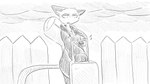 16:9 animal_crossing anthro backpack clothing dialogue_in_description domestic_cat dragonweirdo felid feline felis female fence hi_res jacket luggage mammal monochrome nintendo olivia_(animal_crossing) outside solo story story_in_description topwear widescreen