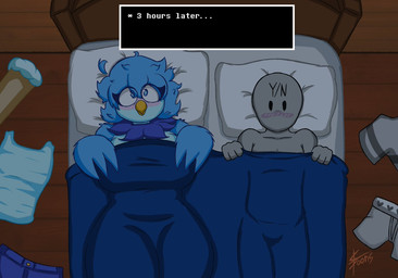 after_sex anthro bed big_breasts blush breasts clothing discarded_clothing discarded_underwear duo female furniture huge_breasts male male/female nude on_bed text thick_thighs underwear wide_hips sebtoons undertale_(series) undertale_yellow anon martlet_(undertale_yellow) avian bird human mammal