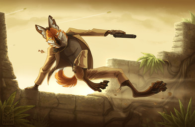 action_pose anthro biped clothed clothing cross cross_necklace detailed_background ears_up fingerless_gloves gloves gun handwear jewelry jumping male necklace plant pose ranged_weapon solo vines weapon thetundraghost sam_(sawolf151) canid canine mammal maned_wolf hi_res