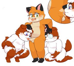 3_toes 4_fingers anal anthro anus balls barefoot biped blue_eyes blush blush_lines bodily_fluids breath butt countershade_arms countershade_ears countershade_face countershade_feet countershade_hands countershade_legs countershade_tail countershade_torso countershading crouching crouching_sex erection eyewear feet fellatio fingers foreskin genitals glasses green_eyes group group_sex hair hand_on_butt hand_on_head hand_on_knee hand_on_leg hand_on_penis handjob handjob_while_rimming handjob_while_sucking head_grab humanoid_genitalia humanoid_penis kneeling kneeling_on_ground kneeling_sex licking looking_at_another looking_at_anus looking_at_genitalia looking_at_penis looking_back looking_back_at_another male male/male markings multicolored_body navel nude open_mouth oral oral_sandwich orange_body overweight overweight_anthro overweight_male panting partially_retracted_foreskin penile penis penis_lick reach_around rimming rimming_male sex simple_background spread_legs spreading sweat sweatdrop tail threesome tiptoes toes tongue tongue_out trio tuft wearing_glasses white_background white_body young young_on_young young_rimmed young_rimming young_rimming_young gombay remi_(nelson88) sammy_(nelson88) tuntematon canid canine canis domestic_cat domestic_dog felid feline felis humanoid mammal absurd_res digital_media_(artwork) hi_res