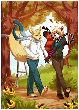 anthro arm_warmers armwear autumn black_nose blonde_hair border bottomwear brown_body brown_fur bulge claws clothed clothing denim denim_bottomwear denim_clothing detailed_background duo feet fluffy fluffy_tail fully_clothed fur grass green_eyes hair hindpaw hoodie jeans leaf male male/male outside pants pattern_armwear pattern_clothing pawpads paws plant red_nose romantic romantic_ambiance romantic_couple scarf short_hair shrub sky smile striped_armwear striped_clothing stripes swing tail text topwear walking white_body white_border white_clothing white_fur wind yellow_body yellow_fur tokifuji ailurid canid canine fox mammal red_panda 2011