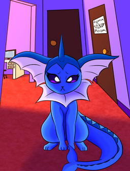 computer detailed_background electronics female feral inside looking_at_viewer solo tail text frizzmake nintendo pokemon vaporeon_copypasta eeveelution generation_1_pokemon pokemon_(species) vaporeon absurd_res english_text hi_res meme