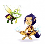 anthro blue_eyes blue_hair duo female floating freckles green_body green_lips green_lipstick hair lips lipstick looking_at_viewer makeup male simple_background smile white_background timoteihiv rayman_(series) ubisoft ly_the_fairy murphy_(rayman) amphibian frog 2015 digital_media_(artwork) signature