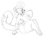 anthro areola big_breasts breasts clothing female legwear nipples open_mouth sitting smile solo stockings komdog janet_q felid feline mammal 2023 monochrome sketch