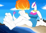 2020 3_toes 44vex anthro anthrofied barefoot beach big_breasts blue_clothing blue_topwear bottomless breasts clothed clothing comic dialogue english_text explosion feet feet_in_water female foot_focus generation_2_pokemon green_eyes hi_res humanoid_feet jewelry legendary_pokemon lugia macro necklace nintendo outside plantigrade pokemon pokemon_(species) seaside shiny_pokemon sitting sitting_on_ground soles solo tail text toes topwear topwear_only white_body white_feet wrinkled_feet wrinkles