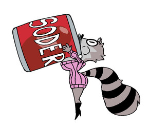 anthro beverage beverage_can big_breasts big_butt big_eye boots breasts butt clothed clothing drinking female female_anthro footwear fur huge_breasts markings minigirl raccoon_tail ring shirt shoes short simple_background soda solo stands stripes tail tail_markings topwear white_background diegutan uva_the_raccoon mammal procyonid raccoon