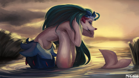 anthro big_breasts big_butt breasts butt female fin hair hanging_breasts huge_breasts long_hair partially_submerged sagging_breasts solo tail water wet wide_hips magnetus nintendo pokemon generation_7_pokemon pokemon_(species) primarina hi_res