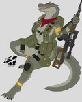 anthro backpack breasts clothed clothing female genitals gun kerchief knee_pads neckerchief neckwear pouches pussy ranged_weapon rifle simple_background sitting skimpy sniper_rifle solo svd weapon derpwolfy18971 tanah_(derpwolfy18971) crocodile crocodilian reptile scalie hi_res