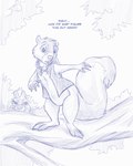 4:5 alternate_species anthro blue_and_white bottomless clothed clothing dialogue duo english_text female flinters flinters_(character) fluffy fluffy_tail hi_res male mammal monochrome open_clothing open_topwear open_vest plant rodent scarf sciurid smile solo_focus tail text topwear tree tree_squirrel vest