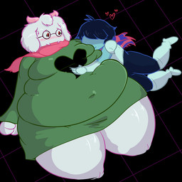 anthro belly belly_grab big_belly blue_body clothing duo fur heart_symbol hug huge_thighs male male/male moobs morbidly_obese morbidly_obese_anthro morbidly_obese_male obese obese_anthro obese_male overweight overweight_anthro overweight_male simple_background thick_thighs tight_clothing white_body white_fur purrine deltarune undertale_(series) kris_dreemurr ralsei bovid caprine darkner goat human mammal 1:1 2019 cel_shading digital_media_(artwork) shaded