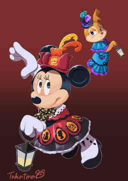 alternative_fashion anthro black_nose blue_eyes clothed clothing dress duo eyelashes female fingers fur gloves goth gothic_lolita gradient_background handwear j-fashion lamp lantern lolita_(fashion) lolita_dress red_nose simple_background smile tan_body tan_fur takatmadisney chip_'n_dale disney clarice_(disney) minnie_mouse chipmunk ground_squirrel house_mouse mammal mouse murid murine rodent sciurid hi_res