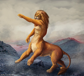 animal_genitalia fangs fully_sheathed fur genitals male male_taur mane navel open_mouth orange_body orange_eyes orange_fur orange_mane outside sheath side_view solo tan_body tan_fur tan_sheath teeth whiskers satanic_monkey felid lion mammal pantherine taur