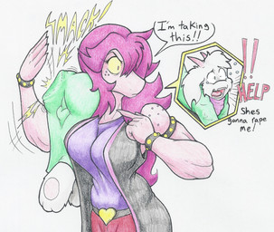 anthro balls_outline belt bulge butt butt_slap calling_for_help carrying_another clothed clothing contact_onomatopoeia cutaway detailed_bulge dialogue dominant dominant_female duo expression_cutaway female female_carrying_male freckled_face freckled_shoulders freckles fur genital_outline hair heart_belt heart_symbol impact_onomatopoeia male muscular muscular_female onomatopoeia scarf shoulder_carry simple_background slap smack_(sound_effect) sound_effects spanking speech_bubble submissive submissive_male text white_background white_body white_fur flicker-show deltarune undertale_(series) ralsei susie_(deltarune) bovid caprine darkner goat mammal reptile scalie 2019 absurd_res digital_media_(artwork) english_text hi_res