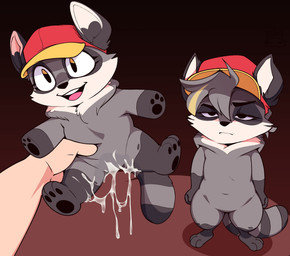 annoyed anthro belly bodily_fluids chibi clothing cum cum_on_plushie duo first_person_view frown fur genital_fluids grey_body grey_fur hat head_tuft headgear headwear highlights_(coloring) holding_object holding_plushie human_pov latina male pivoted_ears plushie plushie_of_self plushophilia pov_hands red_clothing red_hat red_headwear semi-anthro tail tuft youtuber sdamhp miko's_trash_can human mammal procyonid raccoon digital_drawing_(artwork) digital_media_(artwork) hi_res