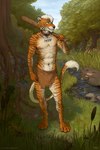 2022 2:3 anthro bottomwear buckle clothing club_(weapon) collar conditional_dnp creek digitigrade ears_up felid fur fur_markings hair hi_res holding_club holding_melee_weapon holding_object holding_weapon jewelry leash light loincloth looking_aside male mammal markings melee_weapon navel nipples orange_body orange_fur orange_sclera outside pantherine pendant plant reeds sherry_khanny_(orangestrippy) signature sky smile solo standing sunlight tail tail_tuft text tiger titusw tree tribal tribal_clothing tuft url weapon weapon_on_shoulder white_body white_fur white_hair