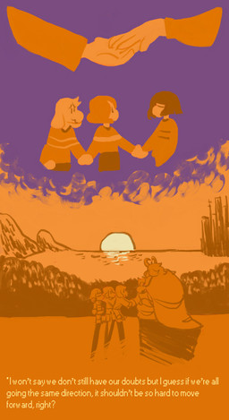 ambiguous_gender anthro clothed clothing eyes_closed female group hair horn male mountain stripes sunset text buttercupsandbrokendreams undertale undertale_(series) asgore_dreemurr asriel_dreemurr chara_(undertale) frisk_(undertale) toriel boss_monster_(undertale) bovid caprine goat human mammal english_text hi_res father_(lore) mother_(lore) parent_(lore) son_(lore)